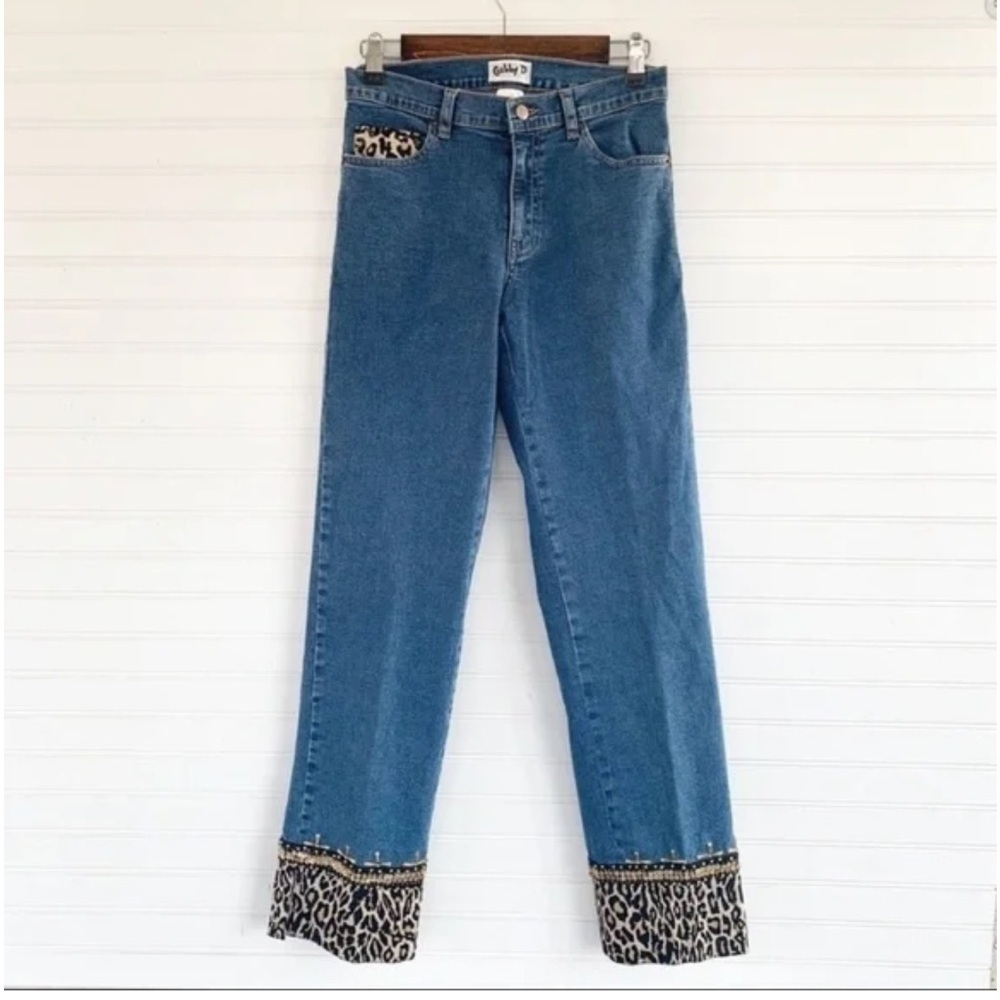 Gabby D Leopard Print Cuff Sequin Embellished Straight Leg Jeans Blue Denim 4